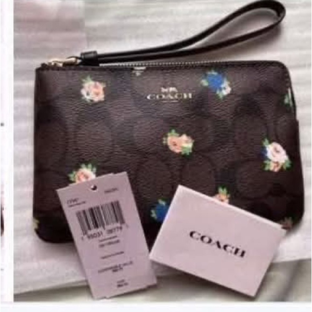 Coach Brown Floral Wristlet Clutch with Pink and Blue Accents - Picture 3 of 3